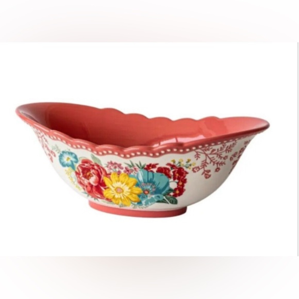 pioneer woman fancy flourish 11” oval stoneware Floral Scalloped serving Bowl